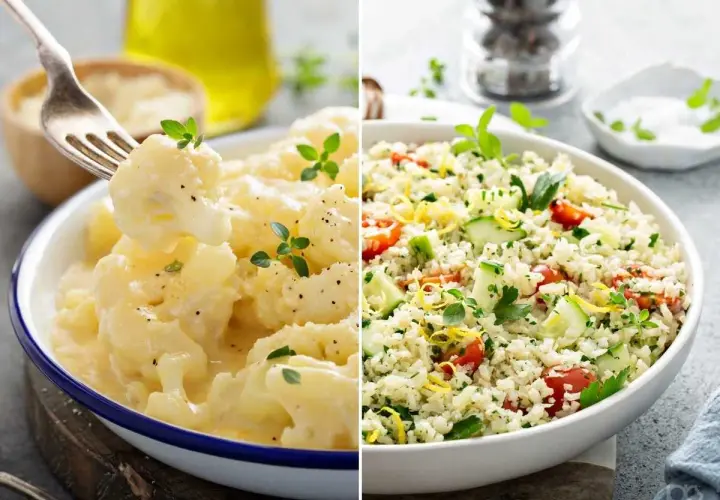 Dos deliciosas recetas con coliflor: cremosa y gratinada, y fresca ensalada de "arroz" de coliflor con verduras.