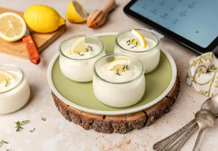 Delicioso mousse de limón thermomix en vasitos, decorado con rodajas de limón y tomillo. ¡Perfecto para un postre refrescante!
