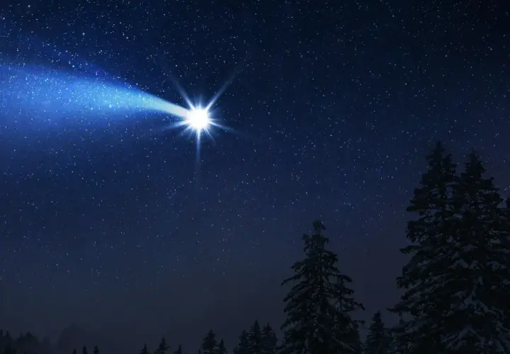 Jasna, oślepiająca gwiazda na pagonie nocnego nieba, świeci nad ośnieżonym lasem.