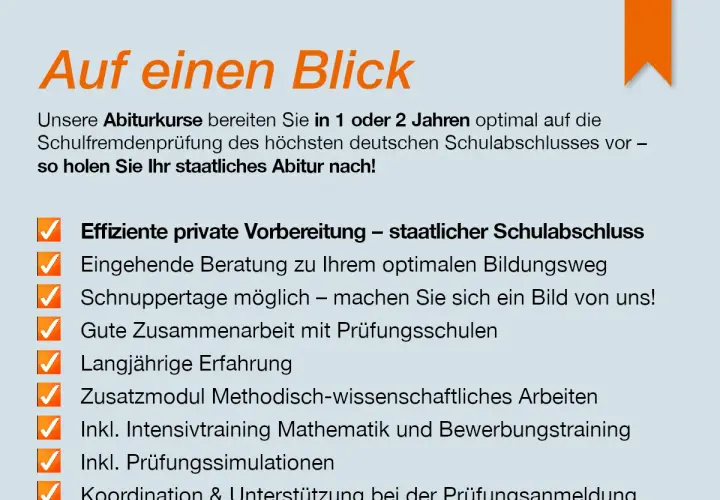 Effiziente Kurse, um Ihr staatliches Abitur online nachzuholen. Beratung, Schnuppertage, Erfahrung & Simulationen für Ihren Erfolg.