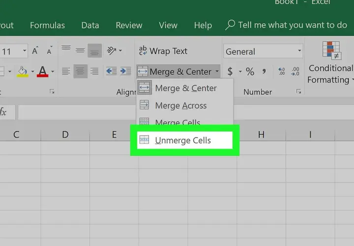 Menu di Excel per dividere cella Excel. Opzione "Dividi celle" evidenziata.