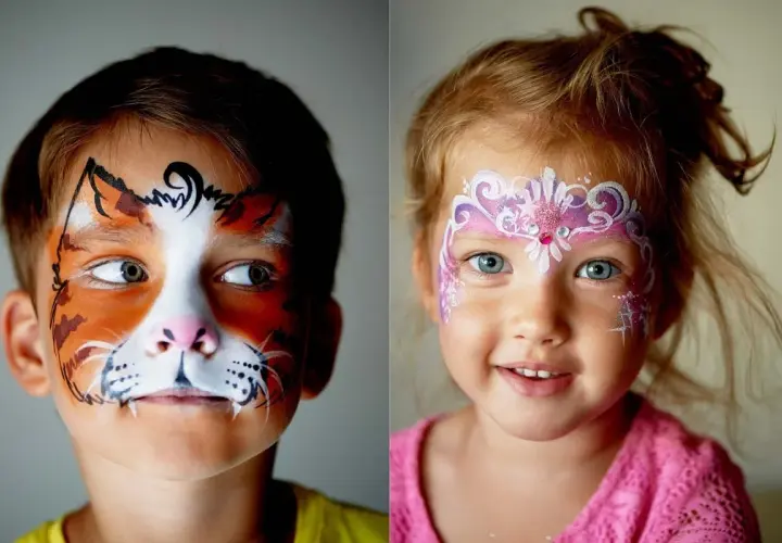 Zwei Kindergesichter mit fantasievollen Kinderschminken-Motiven: Ein Junge als Tiger, ein Mädchen als Prinzessin.