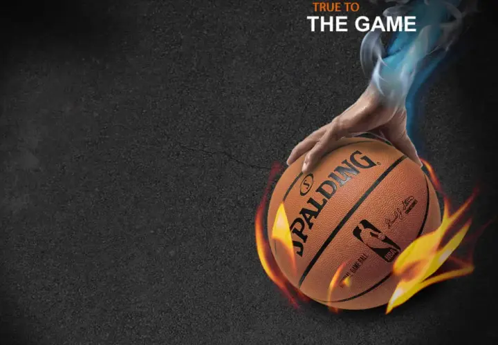Dłoń trzyma piłkę Spalding TF-500, otoczoną płomieniami i niebieską mgłą. Napis "TRUE TO THE GAME".
