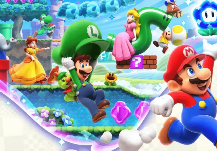 Mario Bros Wonder: Mario, Luigi, Peach, Daisy, Yoshi i inni bohaterowie w kolorowym świecie gry.