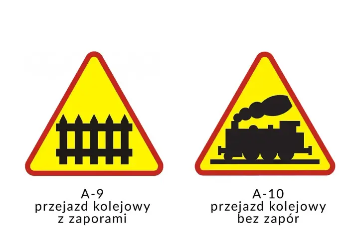 Dwa znaki ostrzegawcze: przejazd kolejowy zaporami (płotek) i przejazd kolejowy bez zapór (lokomotywa).