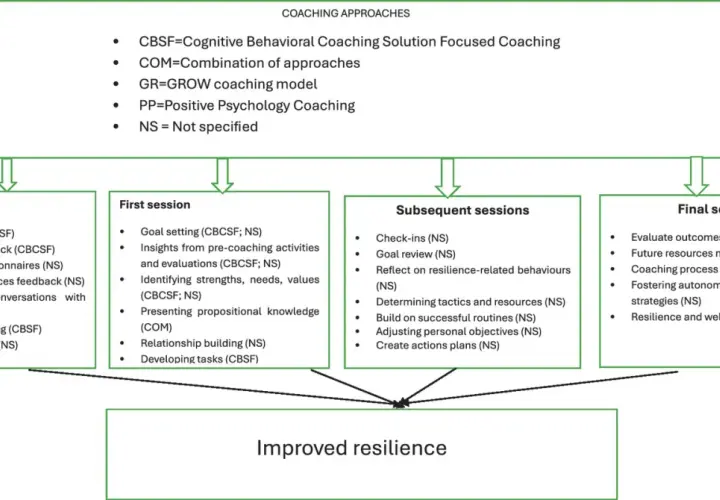 Flowchart detailing systemic coaching stages: pre-coaching, first, subsequent, and final sessions, leading to improved resilience.