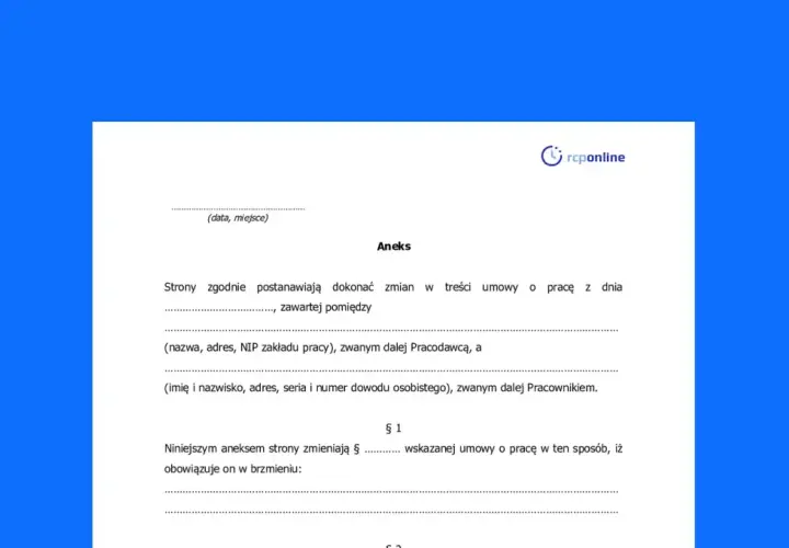 Aneks do umowy o pracę. Dokument zawiera dane pracodawcy i pracownika, a także postanowienia dotyczące zmian w umowie.