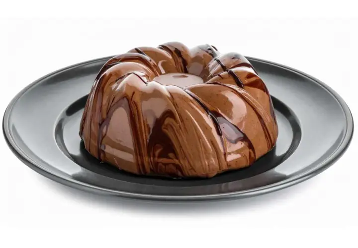 Deliziosa bavarese al cioccolato con glassatura lucida e striature di cioccolato fondente, servita su un piatto scuro.