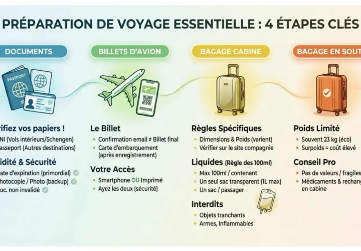 Illustration des 4 étapes de préparation de voyage : documents, billets d'avion, bagage cabine et bagage en soute.