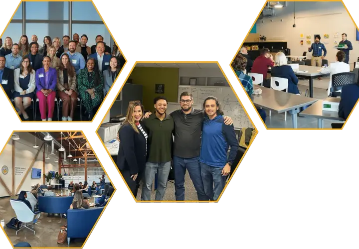 A group of professionals attend a workshop, likely for their MPA degree in California. They collaborate and learn in various settings.
