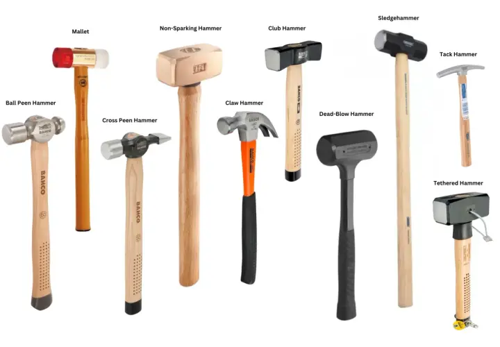 Diversos tipos de martillo: mazo, bola, cruz, garra, sin chispa, club, dead-blow, sledgehammer, tack y tethered.