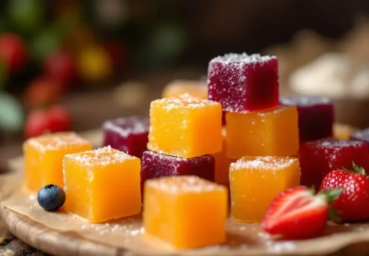 Délicieuses pâtes de fruits maison, orange et violettes, saupoudrées de sucre. Une recette pâte de fruits facile pour un plaisir fruité.