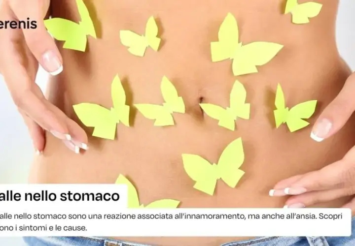 Farfalle nello stomaco, un simbolo di amore o ansia. Mani delicate accarezzano la pancia, circondata da farfalle di carta.