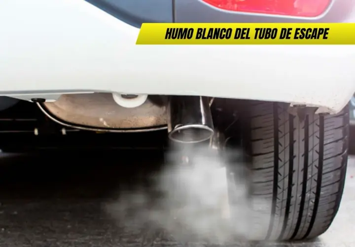 Humo blanco escapa del tubo de escape de un coche, indicando posible problema.