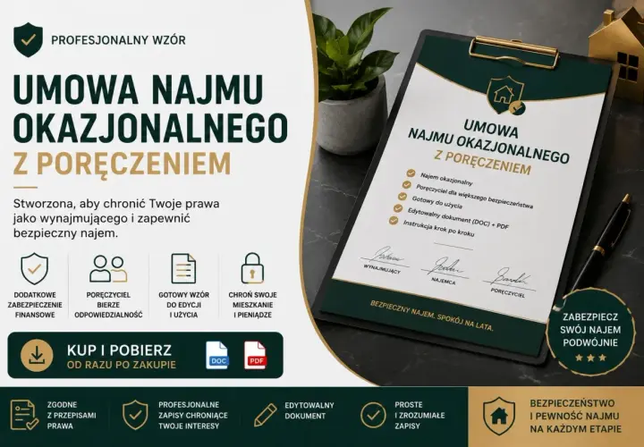Profesjonalny wzór umowy najmu okazjonalnego z poręczeniem. Dokument chroni Twoje prawa i zapewnia bezpieczny najem.