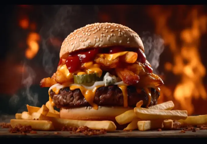 Soczysty burger z serem, frytkami i piklami, polany sosem amerykańskim, na tle płomieni.
