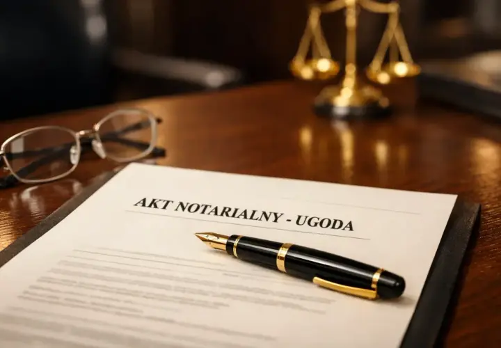 Akt notarialny - ugoda, pióro, okulary i waga sprawiedliwości na biurku. Sfinalizowanie sprawy, która mogła prowadzić do eksmisji, poprzez ugodę.