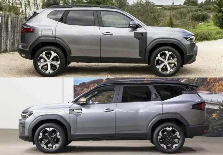 Due Dacia Duster grigie, una all'aperto e una in uno showroom, mostrano il design robusto della nuova Dacia Striker.