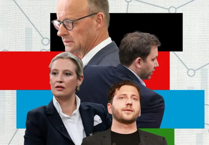Politikergesichter vor bunten Flächen und Diagrammen. Die sonntagsfragen heute: Wer wird die Zukunft gestalten?