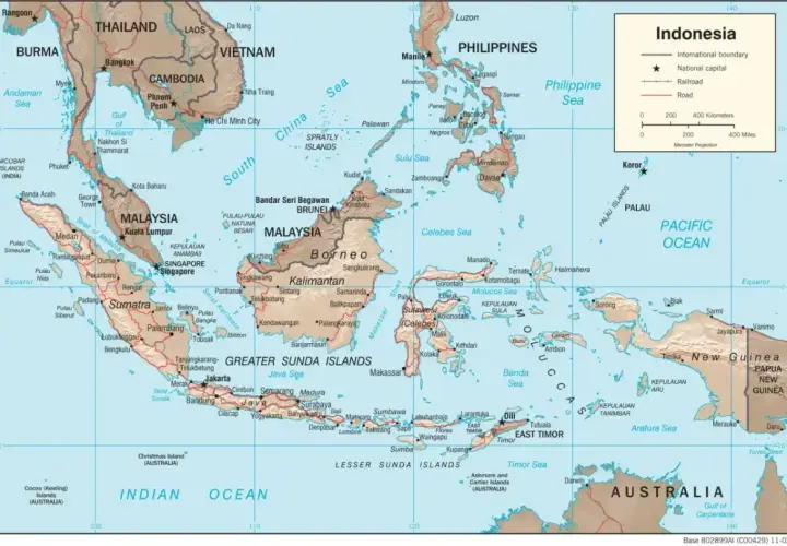 Gdzie leży Indonezja? Na mapie widać archipelag między Oceanem Indyjskim a Spokojnym, na południe od Filipin i Malezji.