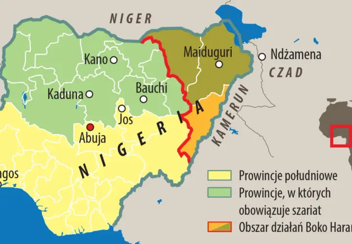 Mapa Afryki z zaznaczoną Nigerią. Pokazuje, gdzie leży Nigeria, jej stolice (Abuja, Lagos) i sąsiadów (Benin, Niger, Kamerun, Czad).