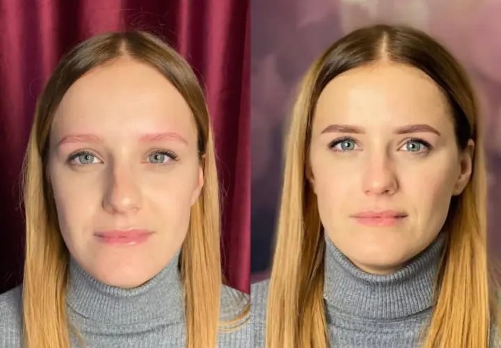 Przed i po zabiegu: różowe brwi zamienione na idealnie podkreślone. To efekt, jaki daje henna pudrowa.