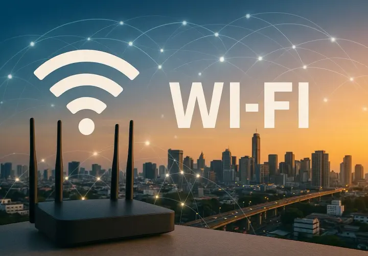 Router Wi-Fi na tle miasta o zachodzie słońca. Każdy abonent może cieszyć się szybkim połączeniem.
