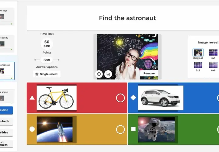 Quiz-Erstellung: Finde den Astronauten. Eine Mentimeter Alternative auf Deutsch, mit Bildoptionen und Zeitlimit.
