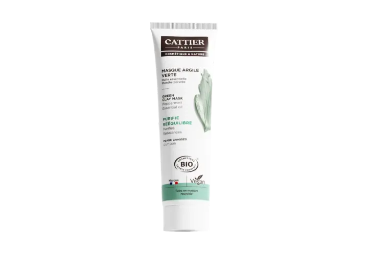 Tube de masque à l'argile verte Cattier, idéal pour le bienfait d'un masque argile purifiant et rééquilibrant pour peaux grasses.