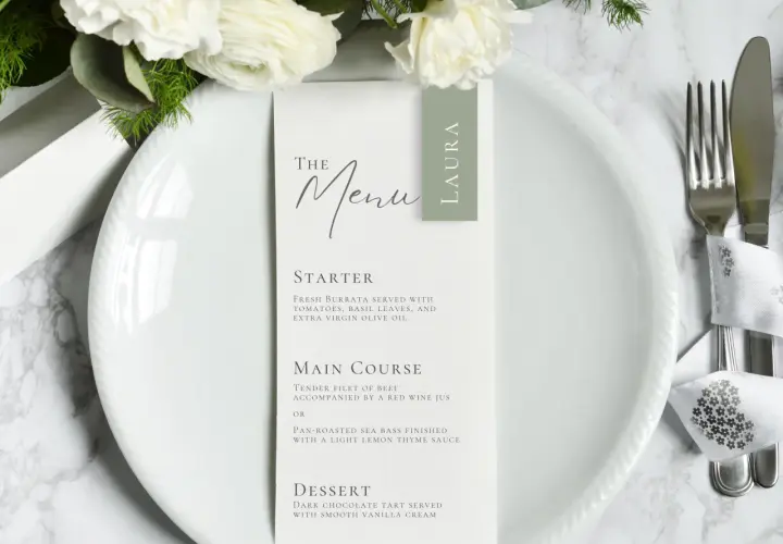 Menu mariage élégant avec des fleurs blanches. La formulation du menu détaille les plats : entrée, plat principal (filet de bœuf ou bar rôti) et dessert.