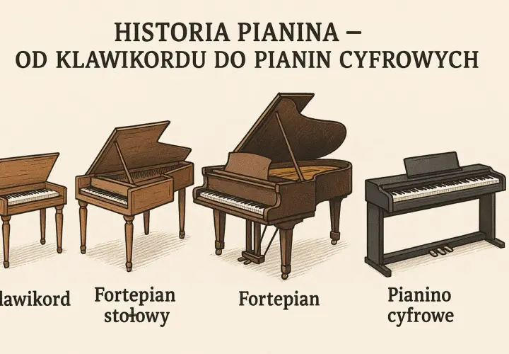 Ewolucja instrumentów klawiszowych: od klawikordu, przez fortepian stołowy i fortepian, po pianino cyfrowe. Czy pianino ma struny? Tradycyjne tak, cyfrowe nie.