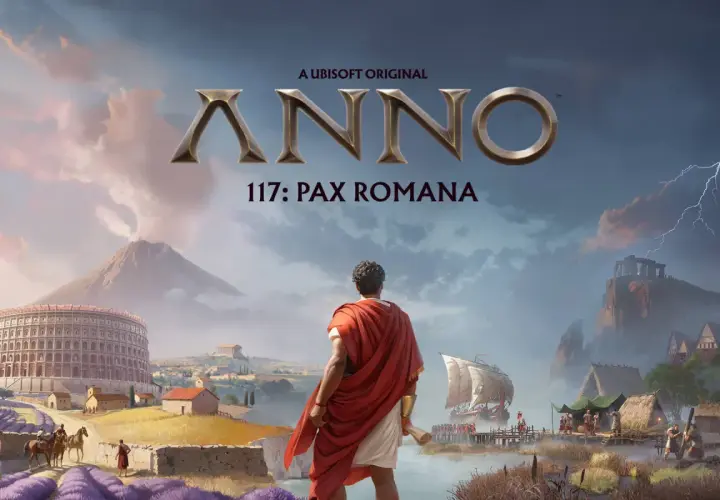 Anno 117: Pax Romana. Rzymski przywódca spogląda na krajobraz z Koloseum, wulkanem i statkiem.