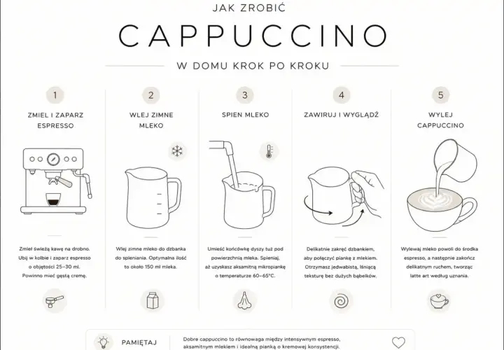 Ilustracja pokazuje, co to jest cappuccino, krok po kroku: zaparzanie espresso, spienianie mleka i wylewanie go do filiżanki, tworząc latte art.