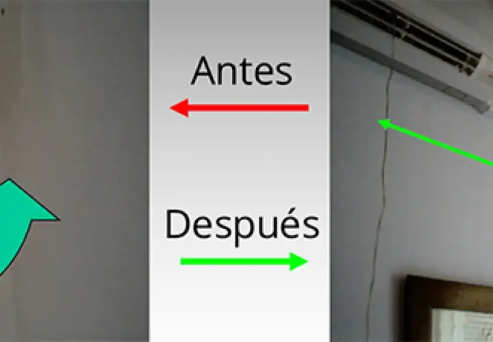 Un aire acondicionado con su compresor, mostrando un antes y un después con flechas indicando un cambio.