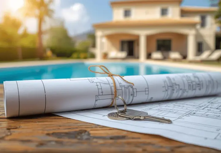 Planos de una casa con piscina y llaves, ilustrando la diferencia entre catastro y registro de la propiedad.
