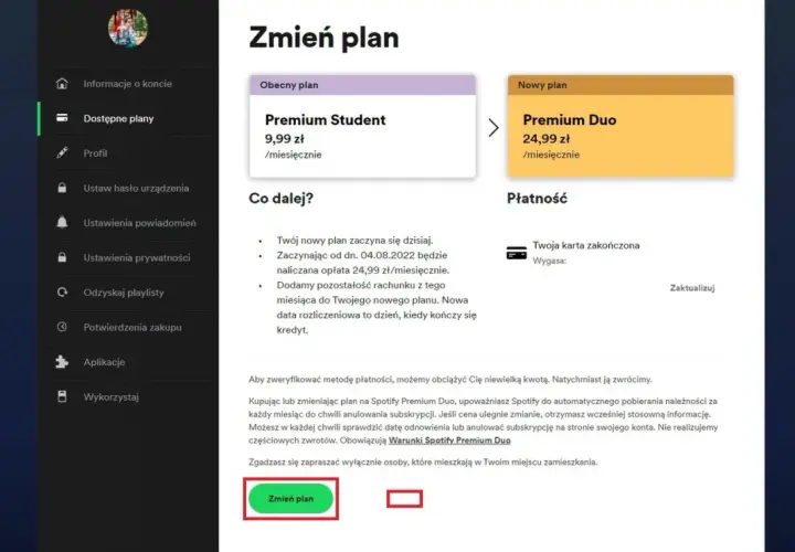 Ekran zmiany planu Spotify: obecny plan Premium Student, nowy plan Premium Duo.