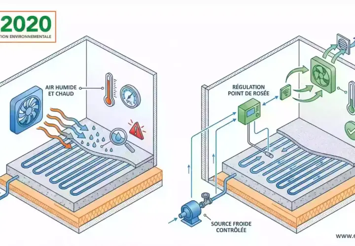 Schéma illustrant un plancher rafraîchissant avec régulation du point de rosée pour un confort optimal.