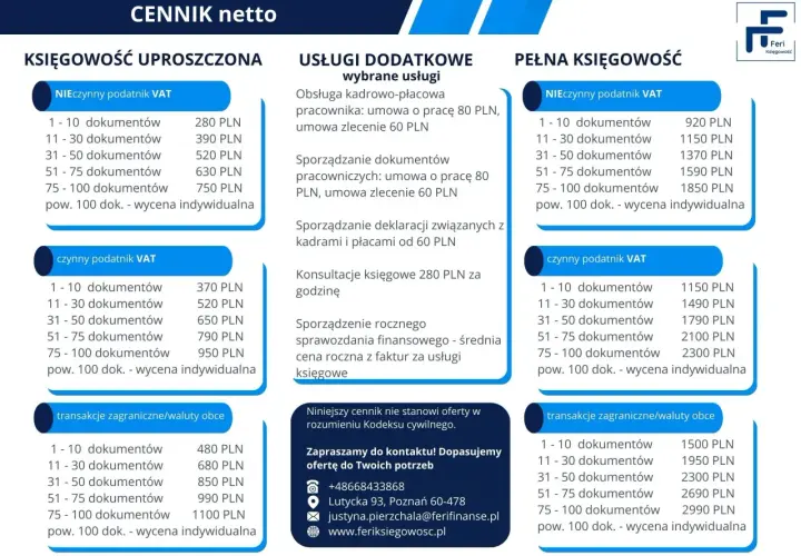 Cennik usług księgowych: uproszczona, pełna, dodatkowe, transakcje zagraniczne.