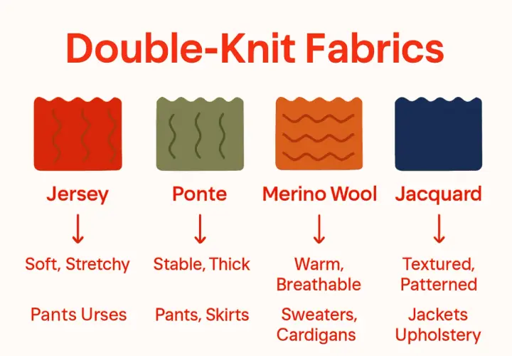 Diagram showing different types of double knit fabric: Jersey (soft, stretchy), Ponte (stable, thick), Merino Wool (warm, breathable), and Jacquard (textured, patterned).