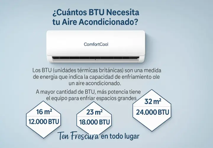 Aire acondicionado ComfortCool. Guía de medidas motor: 16m² (12.000 BTU), 23m² (18.000 BTU), 32m² (24.000 BTU).