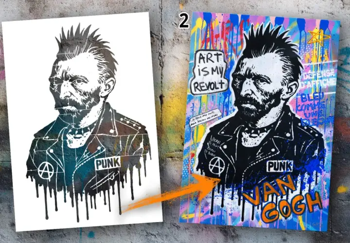 Stencil muro fai da te: Van Gogh punk con citazioni artistiche e scritte.