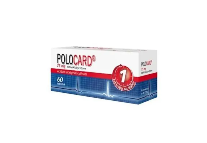 Opakowanie leku POLOCARD 75 mg, zawierające 60 tabletek dojelitowych z kwasem acetylosalicylowym. Zalecane 1 tabletka na dobę.
