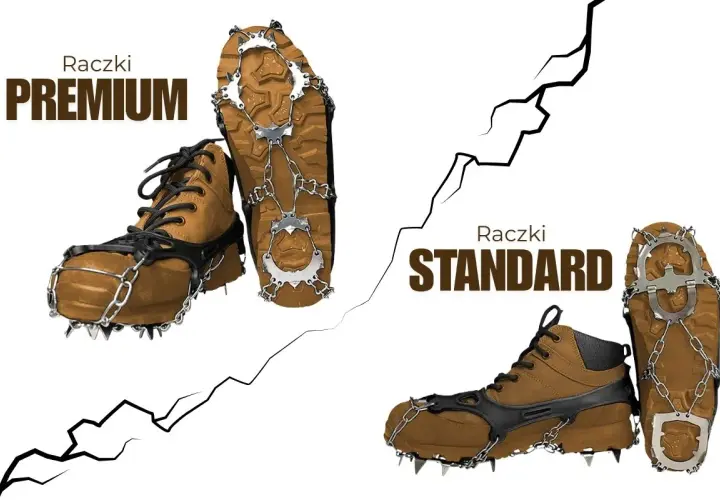 Brązowe buty z zamontowanymi raczkami, wersje Premium i Standard. Idealne na zimowe wędrówki, zapewniające pewność kroków na lodzie i śniegu.