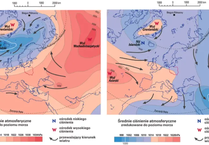 Dwie mapy pokazują rozkład średniego ciśnienia atmosferycznego nad Europą i Arktyką. Widoczne są układy niskiego i wysokiego ciśnienia, a także kierunki wiatru.