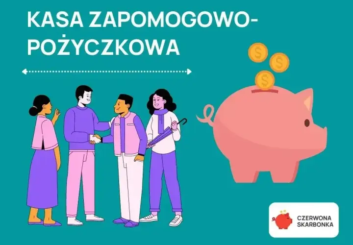 Kasa zapomogowo pożyczkowa: ludzie zawierają umowę, a obok różowa świnka-skarbonka przyjmuje monety.