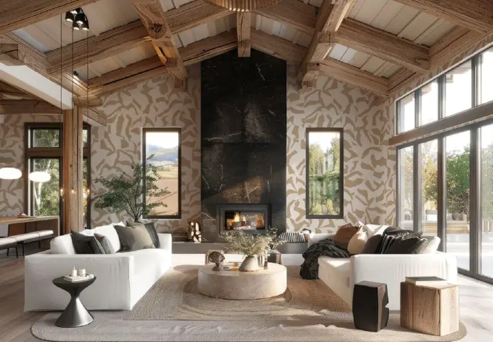 Gemütliches Wohnzimmer im modernen Landhausstil mit sichtbaren Holzbalken, Kamin und großen Fenstern.