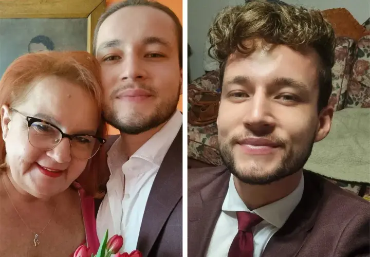 Joachim Zeiske z uśmiechem pozuje do zdjęcia z mamą, a na drugim ujęciu w garniturze i krawacie.