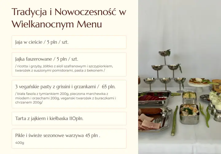 Tradycja i nowoczesność w wielkanocnym menu. Oferujemy catering wielkanocny Warszawa: jajka faszerowane, wegańskie pasty, tartę z kiełbaską i warzywa.