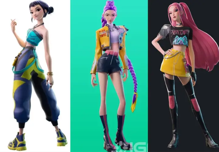 Trzy postacie w stylu Fortnite: Zoey w niebieskim topie i kolorowych spodniach, dziewczyna w żółtej kurtce i czarnych szortach, oraz kolejna w czarnym topie i żółtej spódniczce.