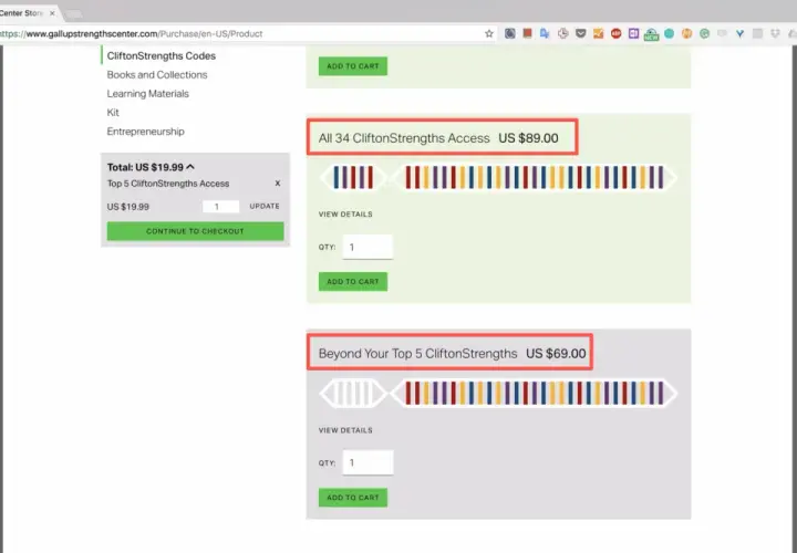 Strona sklepu Gallup. Oferta "All 34 CliftonStrengths Access" za 89 USD. Test gallupa.